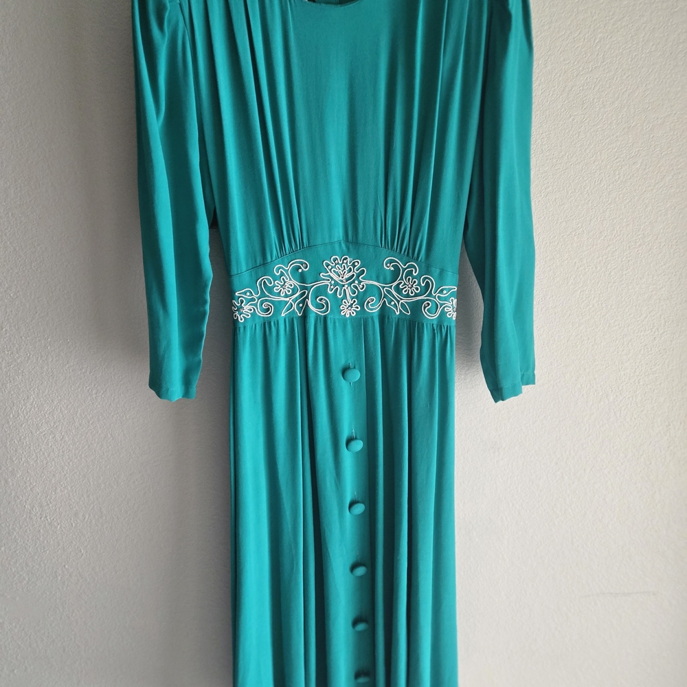 Vintage 80s Kristi Stevens Teal Dress with Embroidered Detail - Size 6